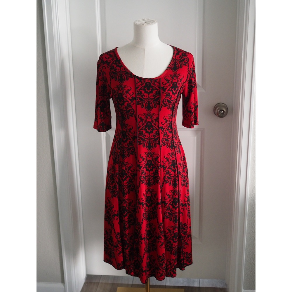 Sami & Jo Damask Red Black A-Line Dress Gothic Romantic Small Good Elbow Sleeve